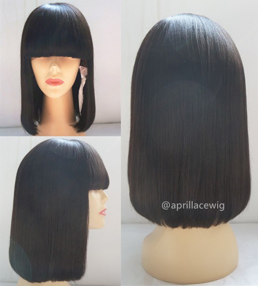 Indian Remy Blunt Cut Bob Hair With Bangs Full Lace Wig