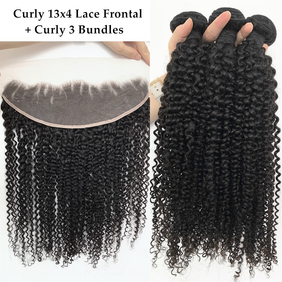 Curly lace frontal and 3 bundles deal human hair