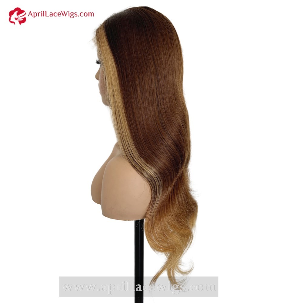 Pre colored 180% Full Human Hair Front Highlight Ombre Brown Loose Wave HD 5x5 Lace Closure Wig