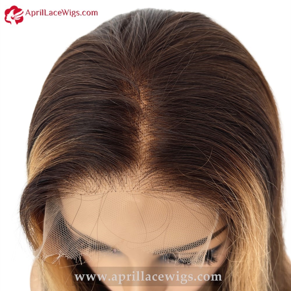 Pre colored 180% Full Human Hair Front Highlight Ombre Brown Loose Wave HD 5x5 Lace Closure Wig